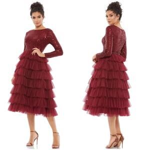 Mac Duggal 26299 Long Sleeve Ruffle Tiered Midi Dress Wine Red size 2